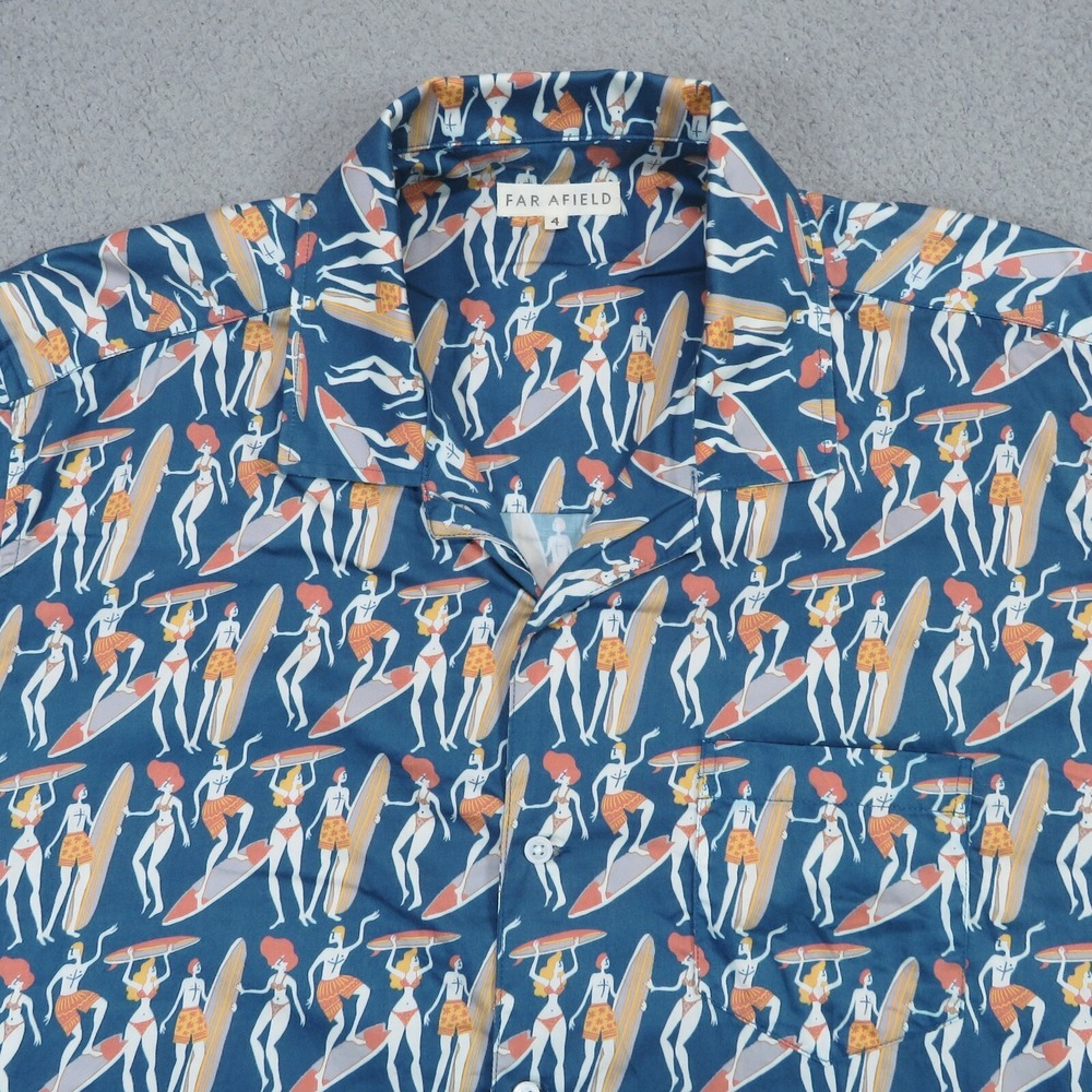Far Afield Mens XL Blue Hawaiian Camp Collar Surfer Print Organic Cotton Shirt